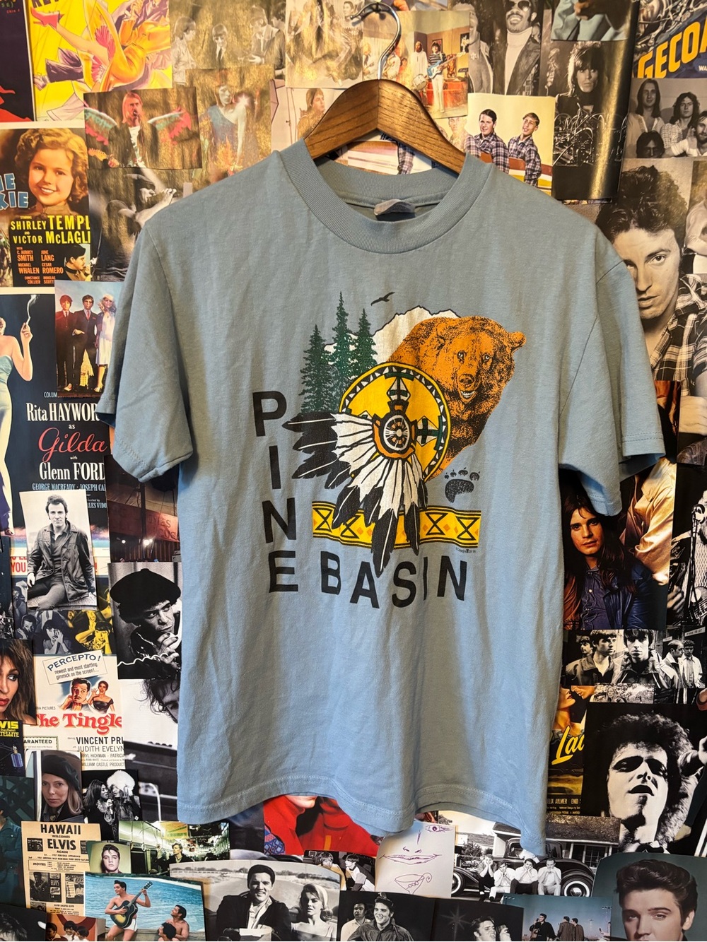 Hanes Light Blue Pine Basin Graphic Tee with Bear & Headdress